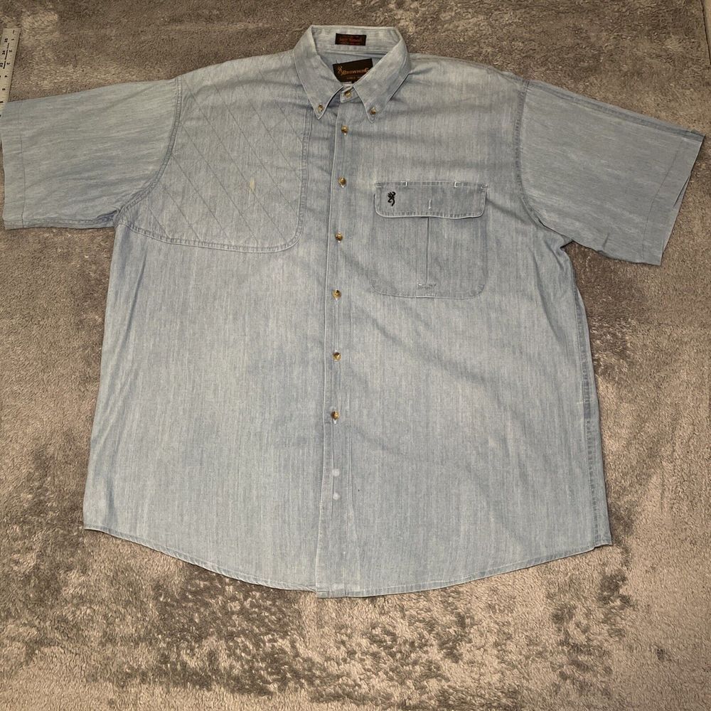 Vintage Browning Since 1878 Men's Denim Blue Short Sleeve Button Up Size XL